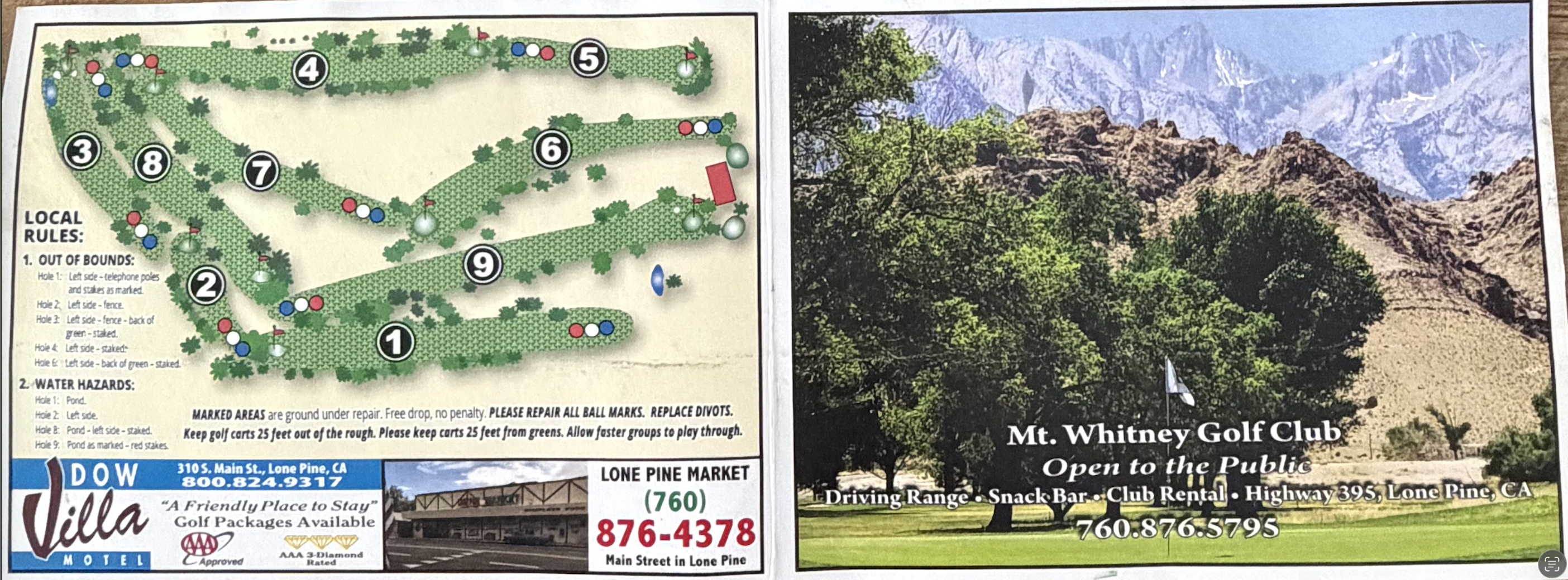 Mount Whitney Golf Club scorecard, back